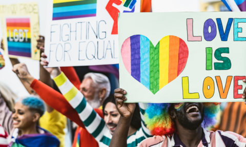 a group of people with colourful clothing and hair laughing and holding placards stating love is love, LGBT, fighting for equality