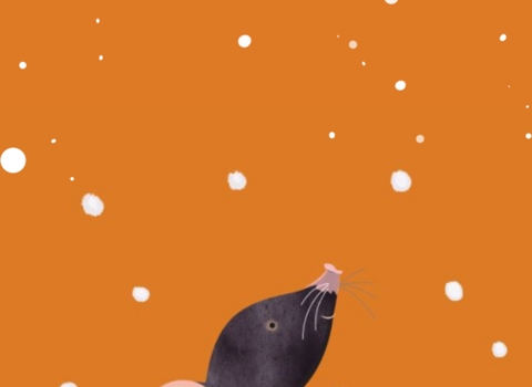 illustrated mole popping out of a christmas pudding