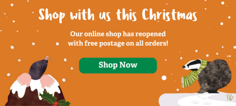 an orange banner saying shop with us this christmas, our online shop has reopened with free postage and a cartoon mole and badger in the snow