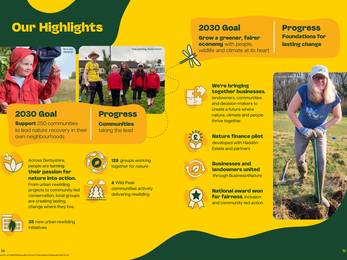 A report page shows a woman in a blue t-shirt and gloves smiles while digging in a grassy field with a shovel, surrounded by text and icons detailing DWT's highlights, goals, and progress.