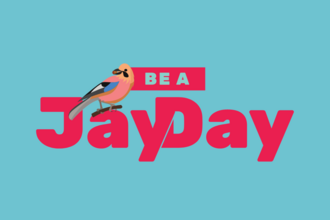 Be a Jay Day pink logo on a blue background