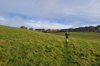 a person running though a green field with trees in the distance