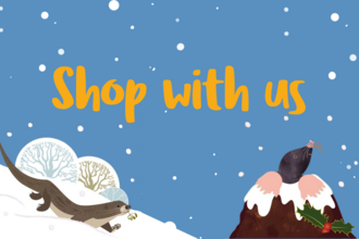 shop with us text in yellow with an illustrated festive mole and otter