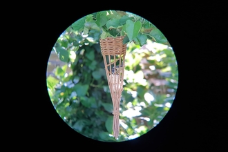 A willow weaved bird feeder hanging from a tree