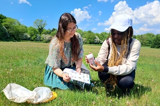 Two students surveying for invertebrates in summer 