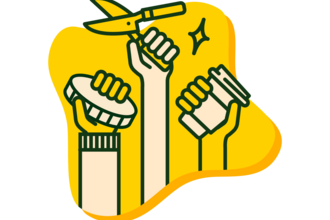 illustration of three hands, one holding a coint, one a pair of pruning shears and one a coffee cup