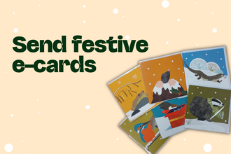 Image of "Send festive e-cards" in dark green font, with a collection of colorful e-cards featuring winter-themed animal illustrations: a toad, a mole, an otter, a badger, a kingfisher, and a bird in a gift box, all on a light beige background with scattered white dots.