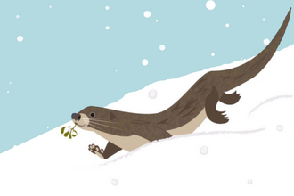 Illustration of a brown otter gliding through snow while holding mistletoe in its mouth, with a blue sky and falling snowflakes in the background.
