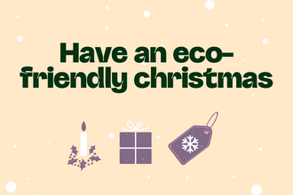 Illustration with text and Christmas-themed icons. Text in dark green reads "Have an eco-friendly christmas". Below the text are illustrated icons of a candle with holly, a gift box with a bow, and a tag with a snowflake, all in shades of purple. The background is a light tan color with white dots scattered across.