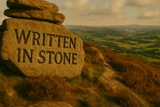 Peak district landscape with the words "written in stone" carved into a rock.