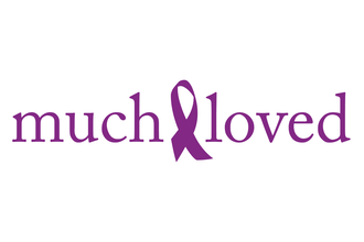 Much Loved text with a purple ribbon symbol in the middle of the two words.