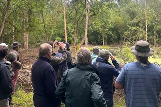 A group of people in casual outdoor clothing observe a pond in a wooded area.