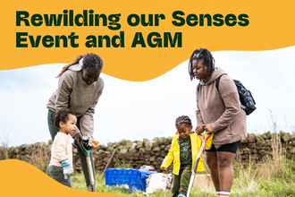 Two adults and two young children are gardening together outdoors, with a stone wall and grassy field in the background. Text reads: Rewilding our Senses Event and AGM