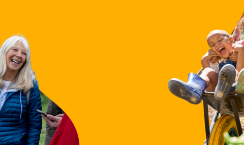 half the image is a woman laughing, th eother half is two children sat in a wheelbarrow laughing