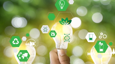 A person holding a lightbulb surrounded by icons for sustainability