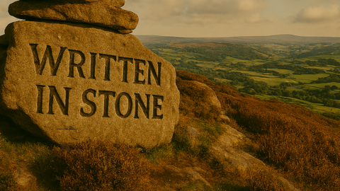 Peak district landscape with the words "written in stone" carved into a rock.