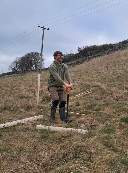 a man in a green hoody planting trees on a hillside