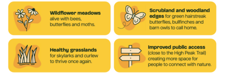 Wildflower meadows, scrubland and woodland, healthy grasslands , improved public access