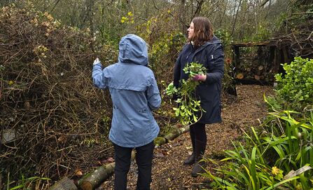 Two women in coats stand near a tangled thicket in a woodland area, one holding cut leaves and twigs.