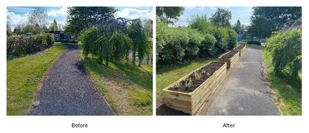 a before and after photo of a school garden with raised beds added