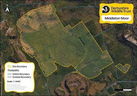 Map of Middleton Moor showing a site boundary outlined in yellow, with footpaths indicated by green dashed lines within the boundary and blue dashed lines outside the boundary.