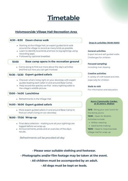 Nature Festival and BioBlitz timetable