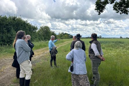 A group of people stand in a grassy field, with one person pointing towards a distant landscape under a cloudy sky.