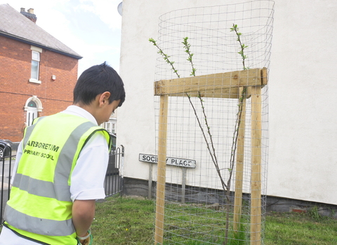 a young boy wearing high vis with his back to the camera and a sapling and road sign saying society place