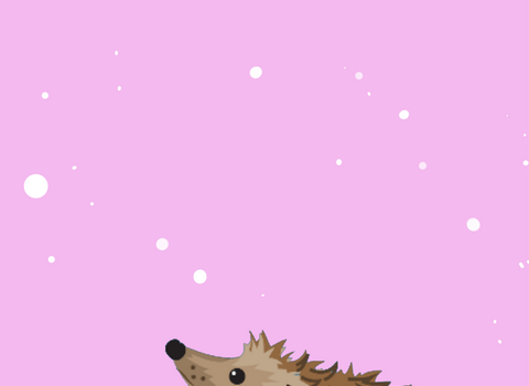 Illustration of a hedgehog with brown quills and a light-brown body, looking upwards on a white base, with sparse white snowflakes on a pink background.